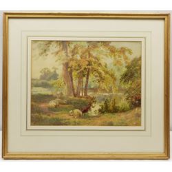Charles Collins II RBA (British 1851-1921): Sheep Resting in Shade by the Waterside, watercolour signed 26cm x 34cm