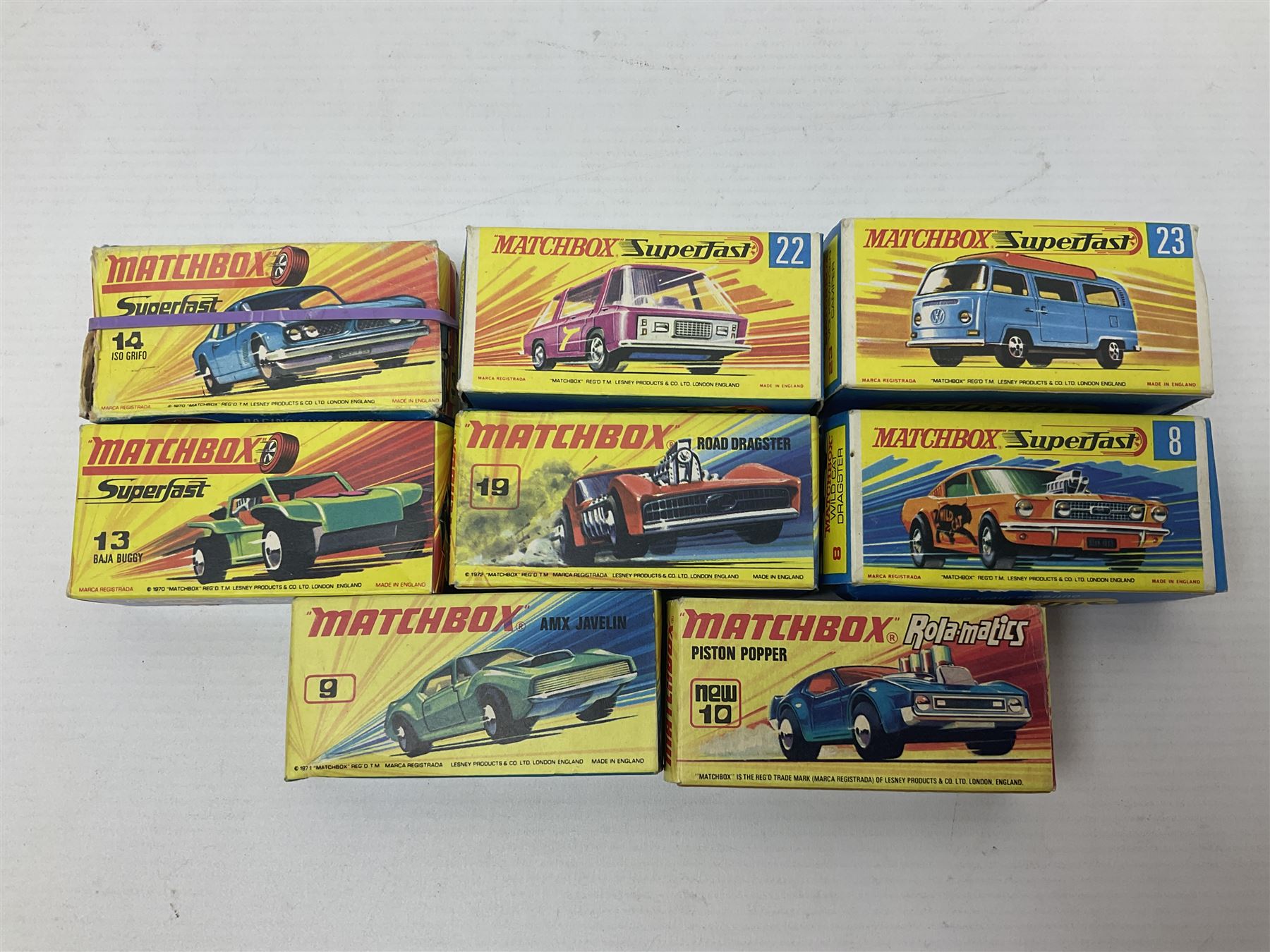 Matchbox 1-75 Series 'Superfast' ex-shop stock - eight models comprising 8f Wildcat Dragster, 9e AMX Javelin, 10e Piston Popper, 13e Baja Buggy, 14d Iso Grifo, 19e Road Dragster, 22d Freeman Intercity Commuter and 23e Volkswagen Camper; all boxed (8)