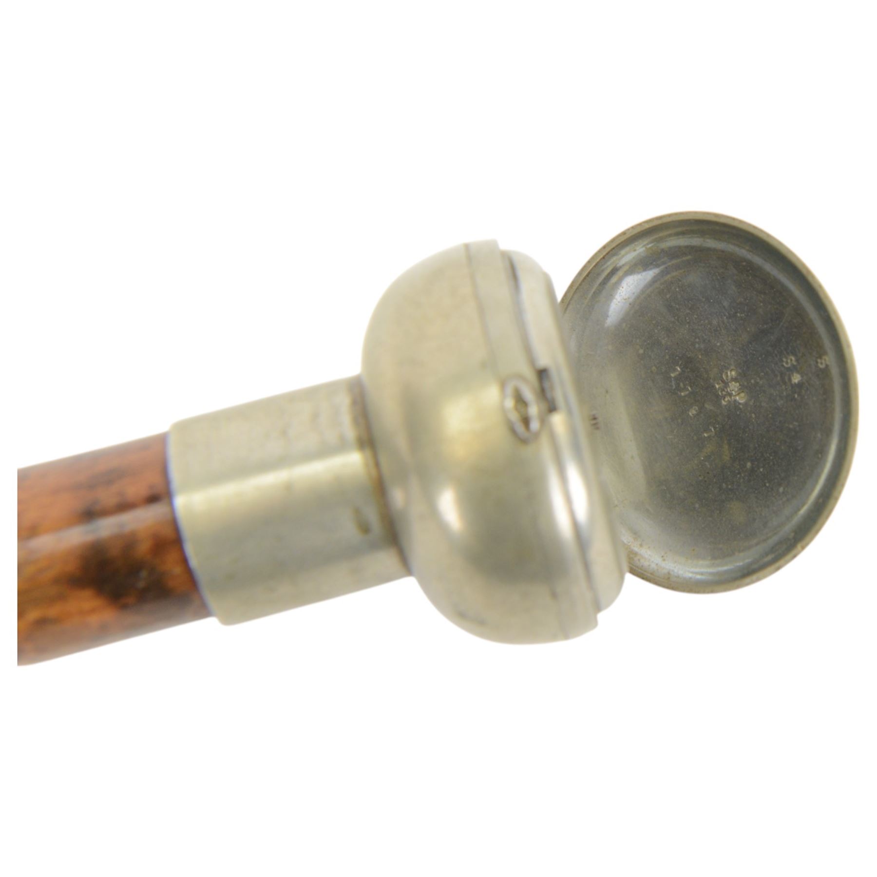20th century novelty walking stick, the silver plated walking stick handle incorporating a watch to the top, the black dial inscribed Brevete, bamboo cane, L87cm