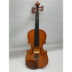 Three Stentor Student violins - three-quarter size with 33cm two-piece back; and two quarter size each with 28cm two-piece back; each in carrying case with bow (3)