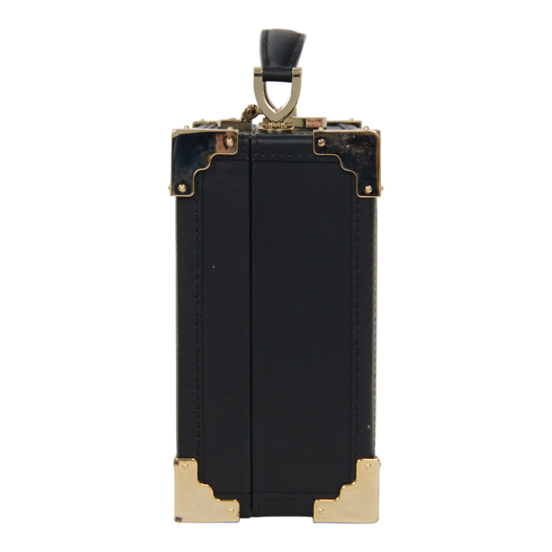 Aspinal of London black leather structured top-handle handbag with gold-tone metal mounts and corner protectors, the hinged lid opening to a fabric-lined interior fitted with a zip pocket and slip compartment, leather brand label stamped Aspinal of London England, fitted with a detachable adjustable leather shoulder strap, accompanied by an Aspinal of London dust bag and presentation box, W19cm D8cm H16cm