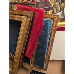 Brass easels, onyx box, frames, costume jewellery, pen nibs, etc, in two boxes