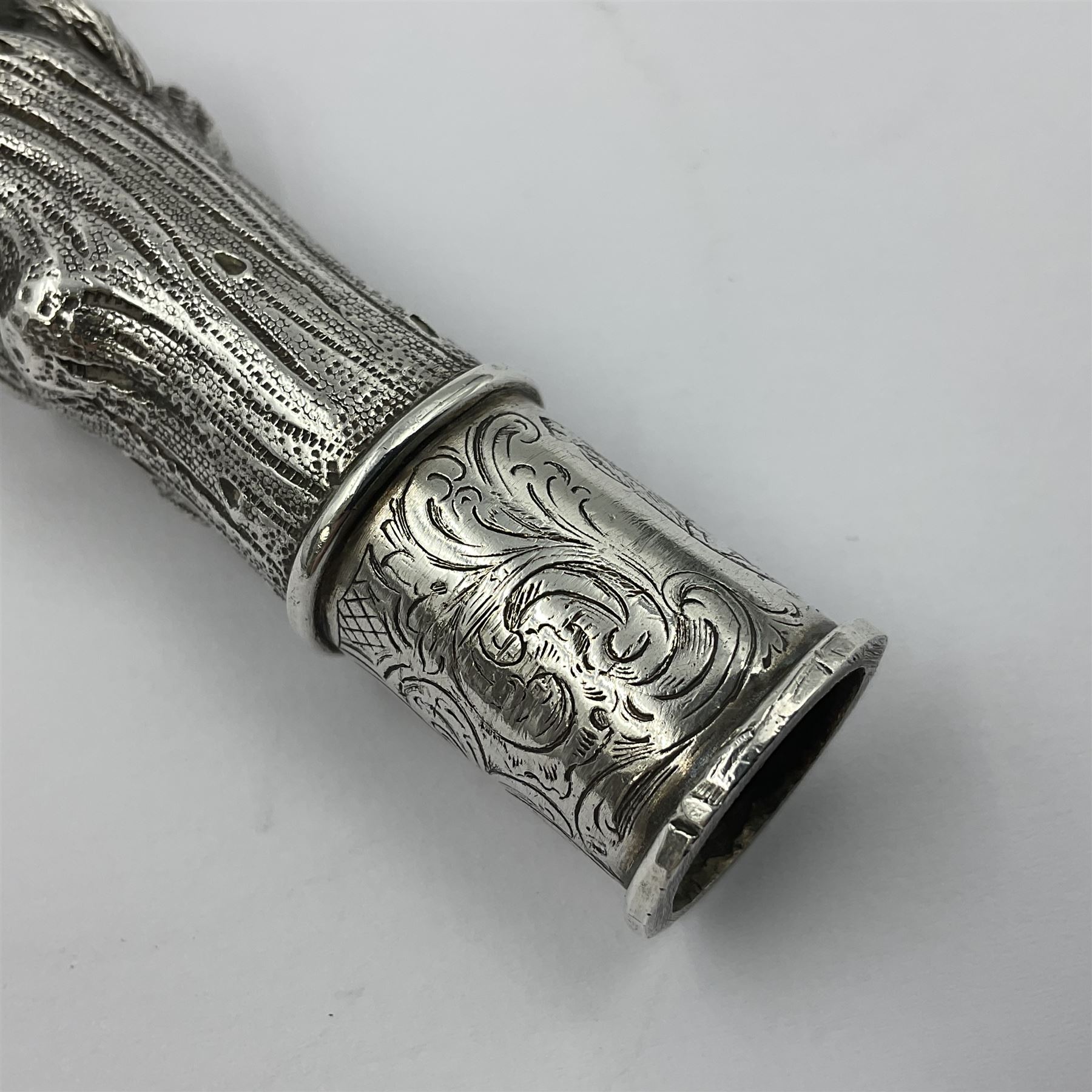 Victorian silver walking cane handle, modelled as a panther upon a tree branch, hallmarked London 1851, maker's mark worn and indistict