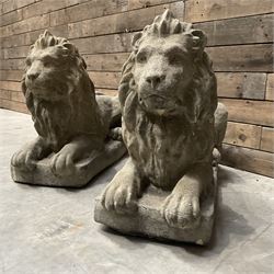 Pair of large cast stone Langport recumbent garden lions, rectangular plinth base