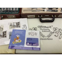 Bachmayr Soligen boxed set of six steak knives and fork, together with Offenbach chef quality knives, chopper, forks, scissors and knives sharpeners, in fitted cases