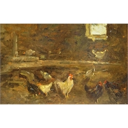  Frederic William Jackson (Staithes Group 1859-1918): 'Among the Hens', oil on panel signed with initials, titled and inscribed verso 15cm x 23cm  