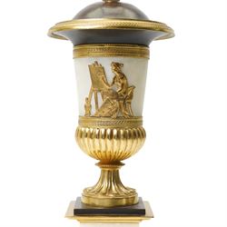 Pair of early 20th-century Neoclassical lamp bases in gilt bronze and alabaster, each decorated with classical figural reliefs celebrating the arts, each of baluster form, the alabaster bodies applied with finely cast gilt-bronze scenes including a seated painter at an easel, a sculptor at work, and allegorical female figures with musical  and theatrical motifs, mounted on square alabaster plinths with gilt-bronze borders and raised on bun feet, the domed shoulders enriched with laurel-leaf mouldings, H42cm 