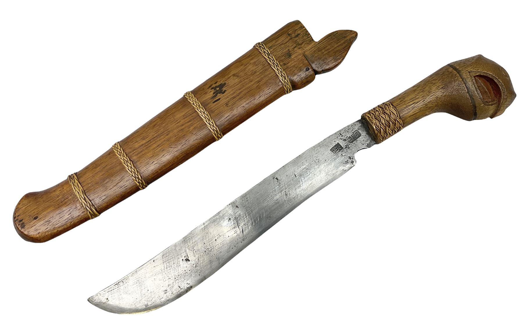 Malaysian parang survival knife the 29cm steel blade with character marks, cane bound teak grip carved with a stylised turtle head to the pommel, with matching teak scabbard L46cm overall