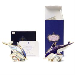Moorcroft 'Wind of Change' pattern vase H13cm, boxed, Royal Crown Derby 'Striped Dolphin' limited edition paperweight 1166/1500, boxed and with certificate and another Dolphin paperweight, boxed and both with gold stoppers (3)  