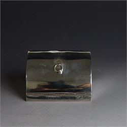 Edwardian silver fall-front ring box with loop handle, opening to reveal velvet interior with five ring spaces, hallmarked Deakin & Francis, Birmingham 1907, together with a cut glass jar with silver lid inscribed 'Hair Tidy' and a silver mounted capstan inkwell, both hallmarked 