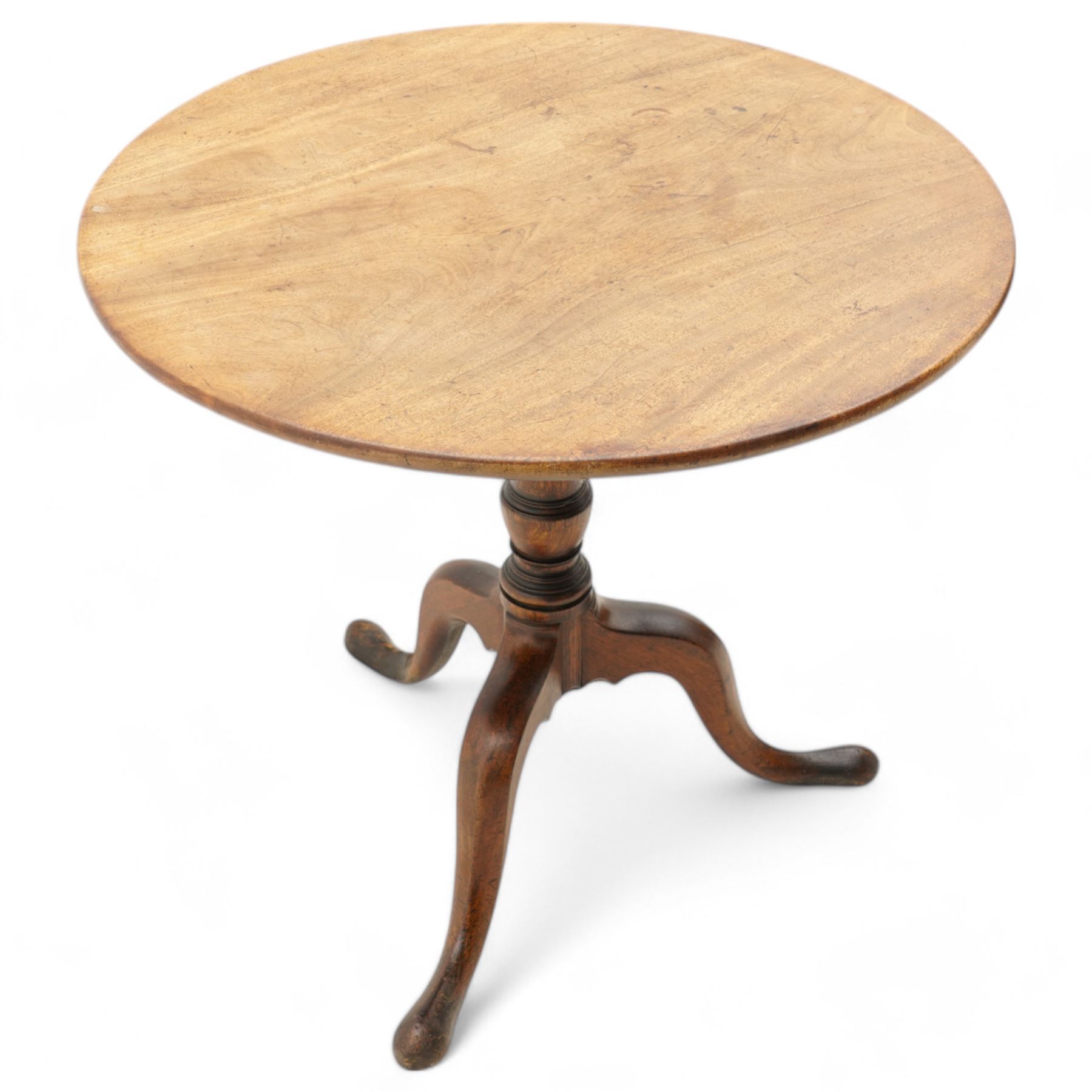 George III mahogany tripod table, circular single piece mahogany tilt-top, turned pedestal on three out-splayed supports 