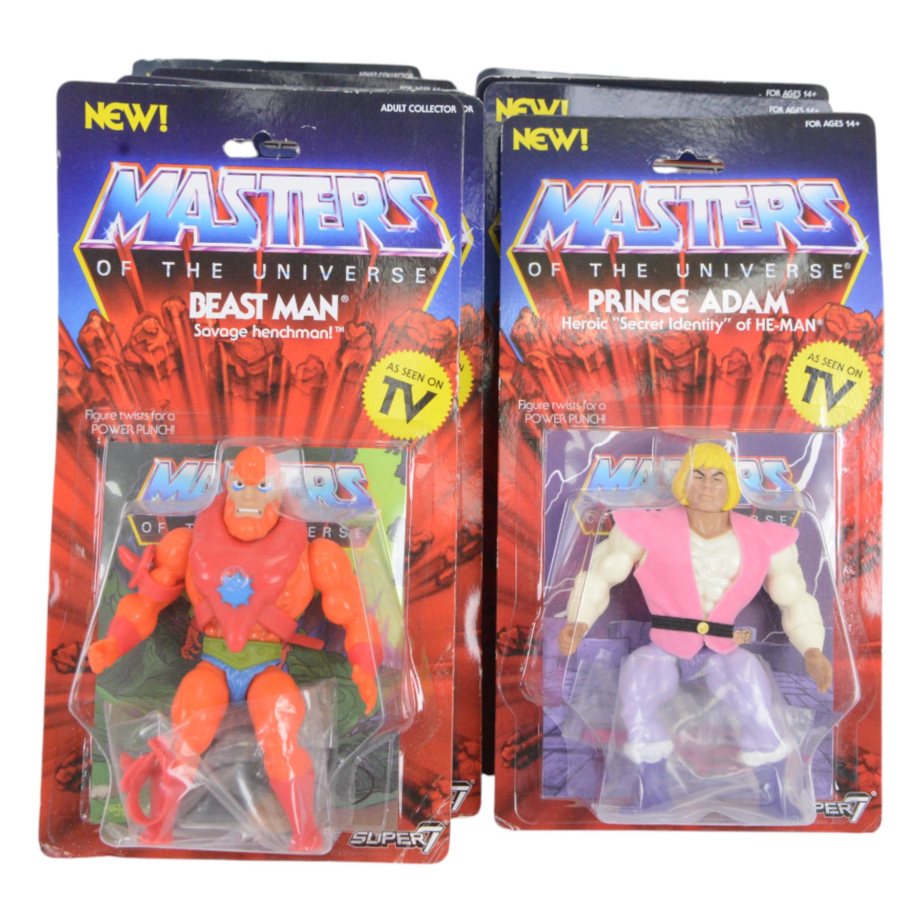 Thirteen Mattel Super7 reissue Masters of The Universe figures, comprising He-Man, Mat-At-Arms, Shadow Weaver, Hordak, Mer-Man, Prince Adam, Trap Jaw, Evil-Lyn, Orko, Skeletor, She-Ra, Beast Man and Teela, all carded