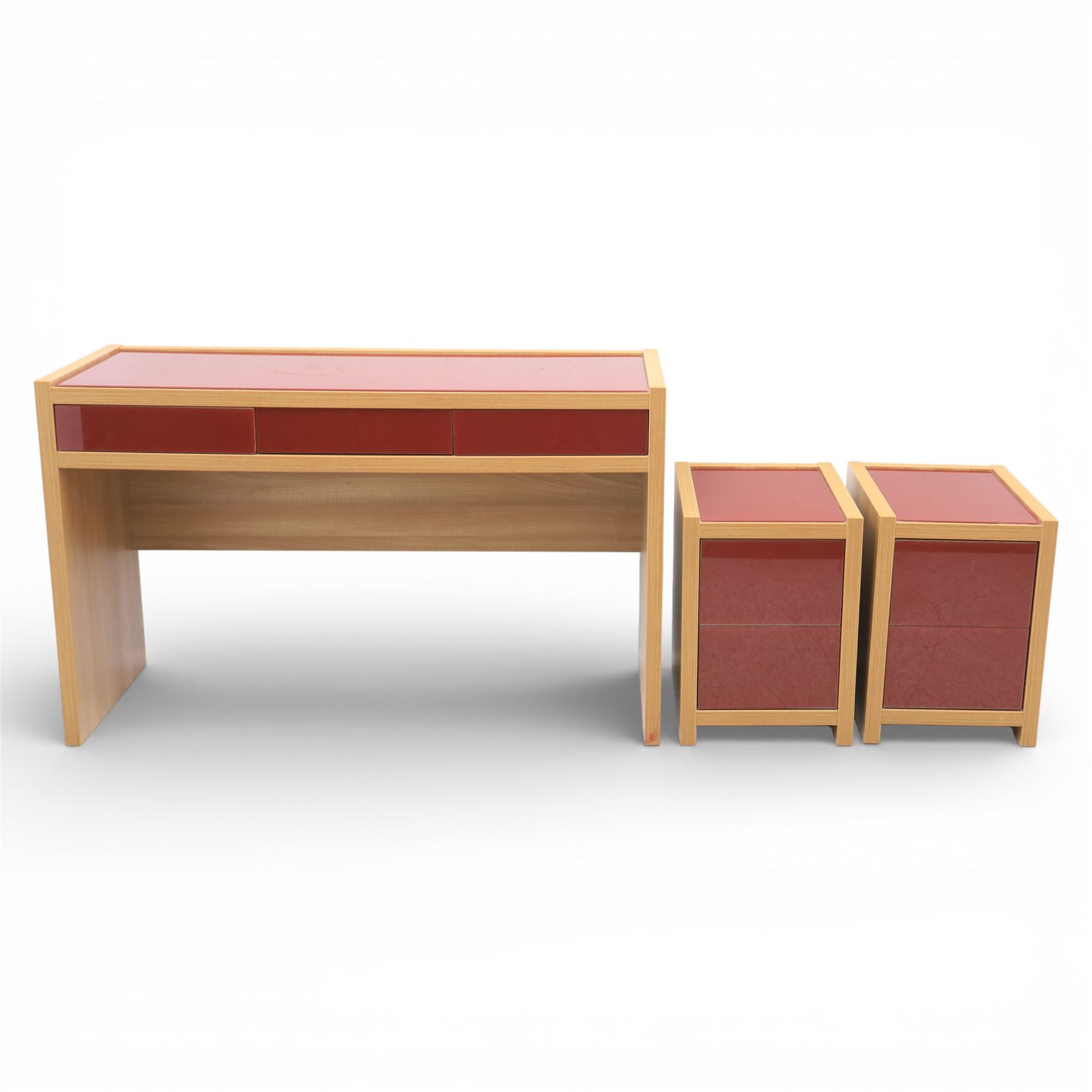 Sliderobes - modern dressing table and two bedside cabinets, red glass panels to top and drawer fronts, drawers with push to open mechanism, with veneered oak frames (Bedside tables H 56cm, D 50cm, W 40cm; Dressing table: H 83cm, D 50cm, W 135cm)