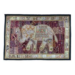 Indian needlework wall hanging depicting an elephant, decorated with sequins and beads, H103cm W150cm
