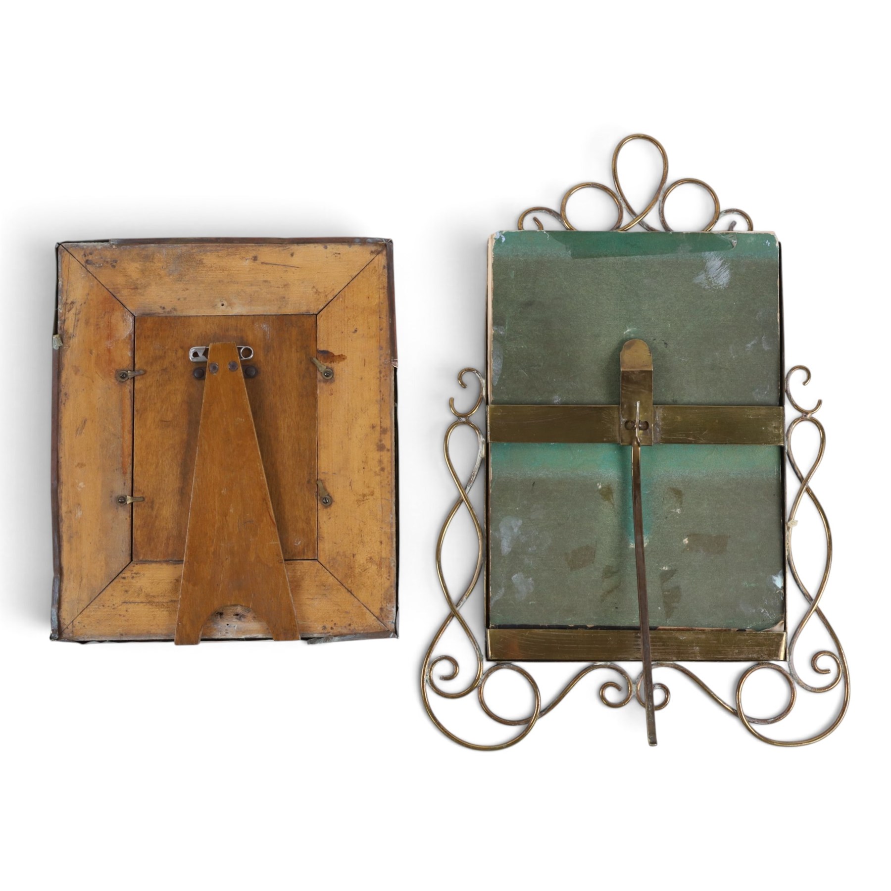 Collection of brass photo frames, including wire work examples, largest H37cm