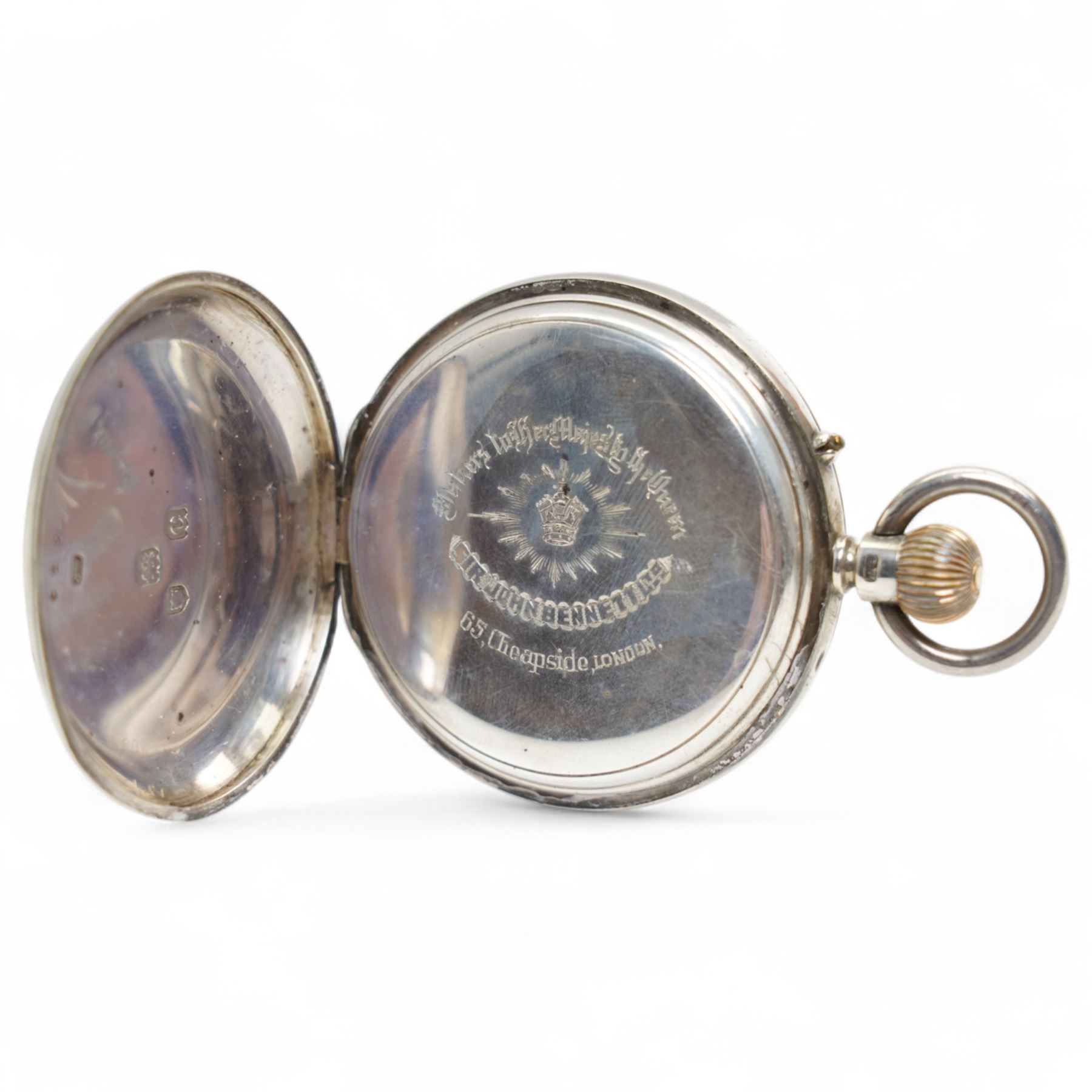 Victorian silver open face keyless lever pocket watch by Sir John Bennett, London, No.87918, cream dial with Roman numeral hour markers and subsidiary seconds dial, case makers mark JW, London 1898