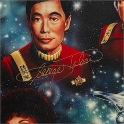 Limited edition Star Wars print 'The Voyage Begins' by Stewart Robinson numbered 516/1701, framed above three signed photographs of William Shatner as Captain James T. Kirk, Leonard Nimoy as Mr Spock and The Star Trek Legendary Four, all with certificates of authenticity verso, frame H109cm, W90cm