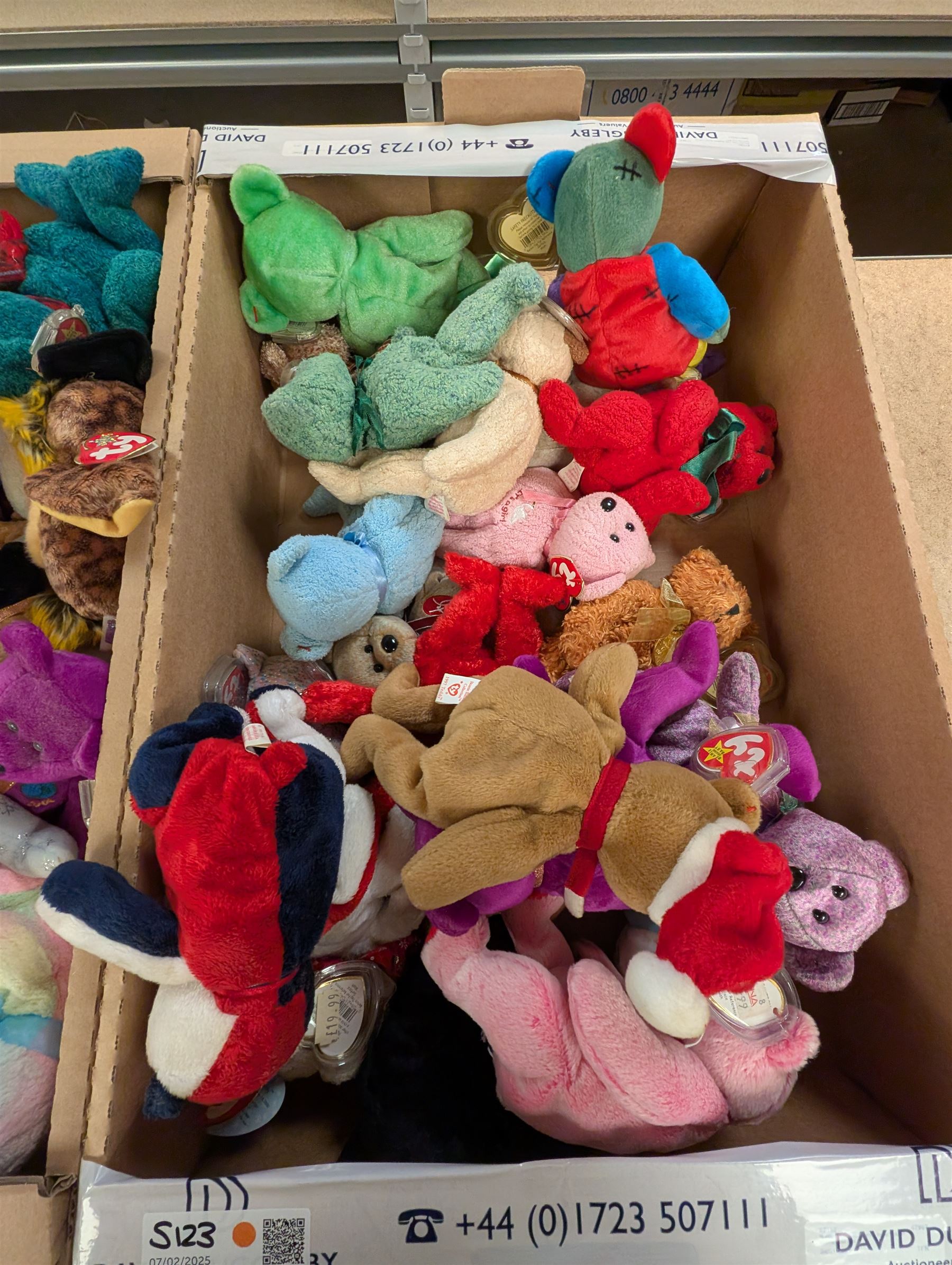 Large collection of TY Beanie Babies, including Princess the Bear, set of thirty two 2002 Fifa World cup bears, etc, mostly with tags in tag protectors, in seven boxes