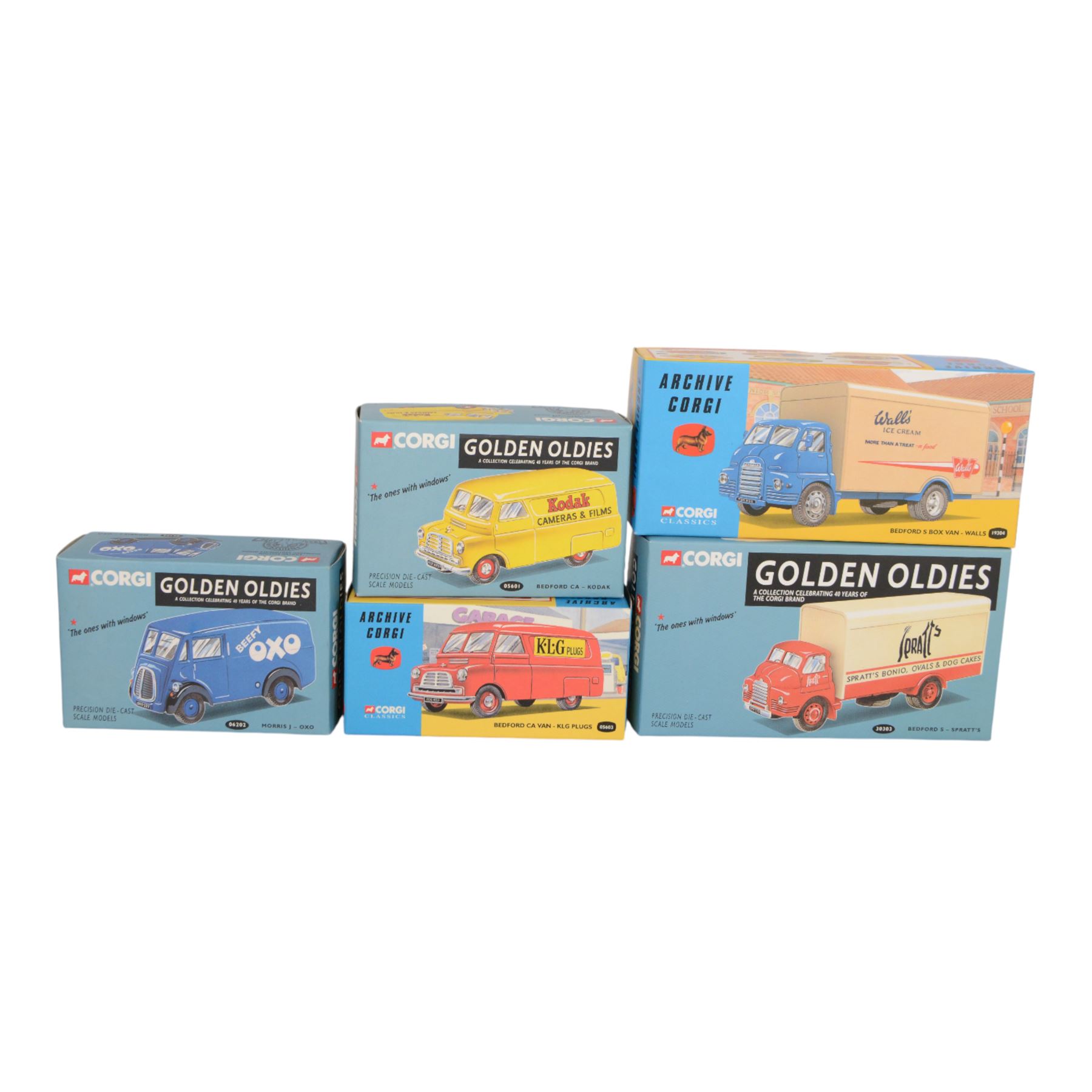 Twelve Corgi Golden Oldies 40th Anniversary Edition diescast models, including 19302 Bedford S Weetabix, 05601 Bedford CA Kodak, 19303 Thames Trader Heinz, 30301 Thames Trader Slumberland, 19301 Bedford S Lyons, 30302 Thames Trader Ever Ready and 30303 Bedford S Spratts, together with five Corgi Archive diecast models, all boxed (17)