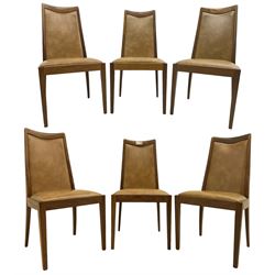 G-Plan - set of six mid-20th century teak 'Fresco' dining chairs, high back and seat upholstered in tan faux leather, on square tapering supports