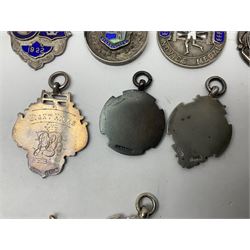 9ct gold enamel 'Hull' charm, together with eight silver fob medallions, six with enamel decoration relating to Hull and one Scarborough example, all hallmarked 