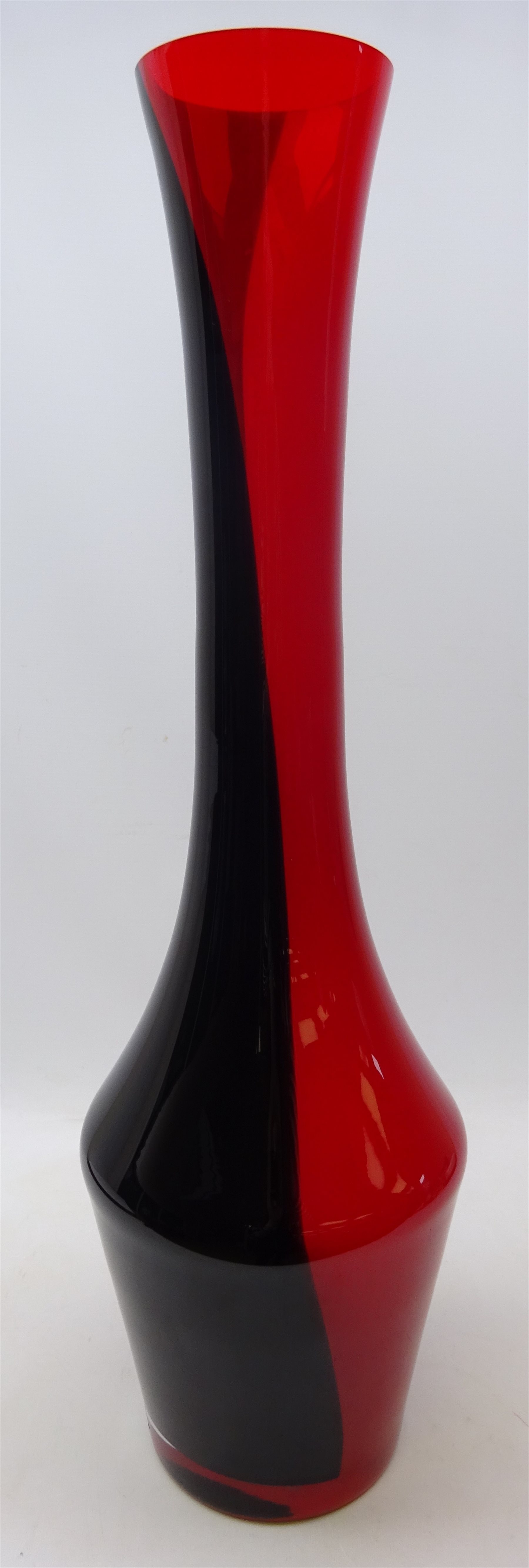 20th century glass floor vase, tall slender neck decorated with red and