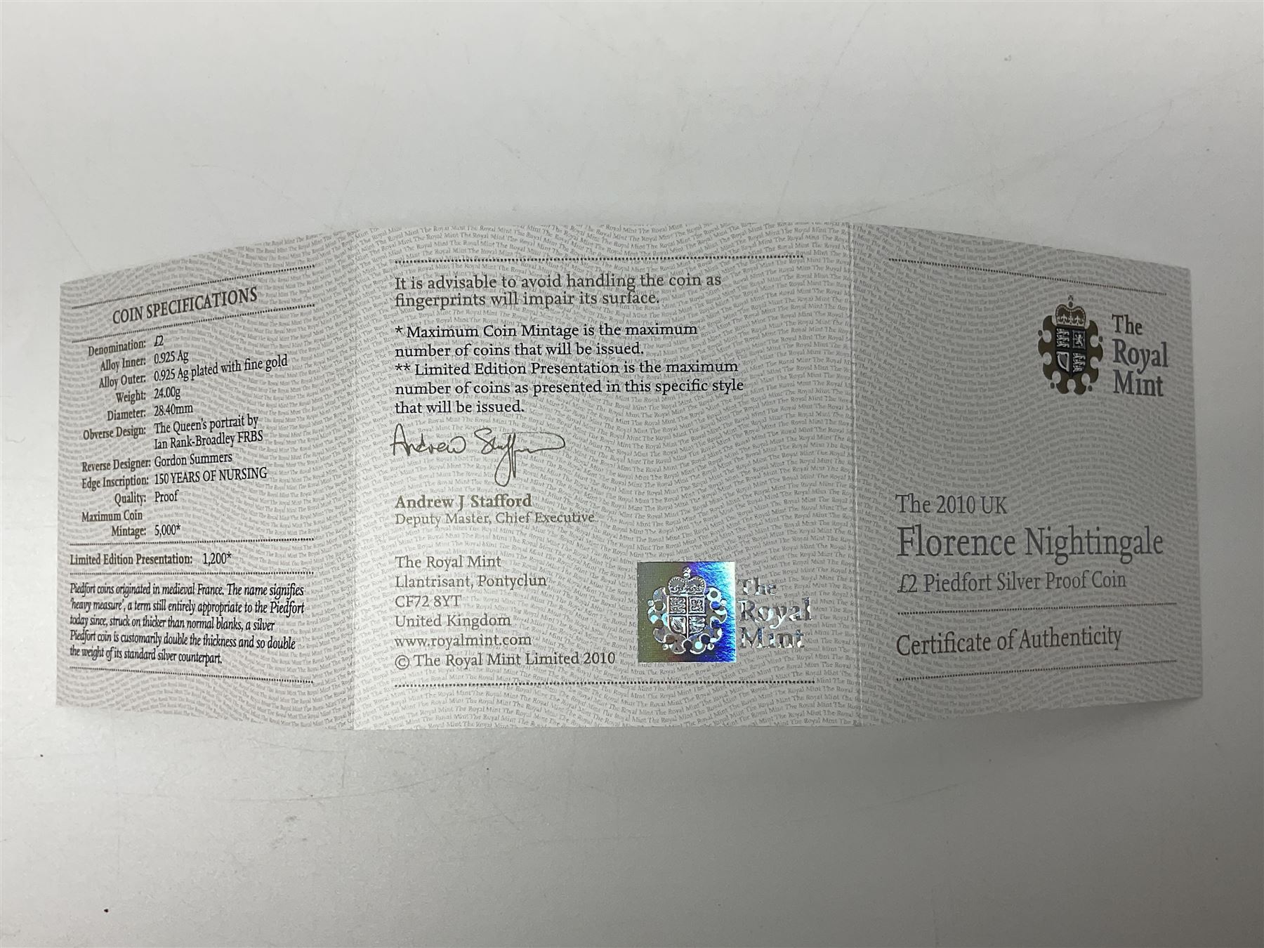 The Royal Mint United Kingdom 2010 ''Florence Nightingale' silver proof piedfort two pound coin, cased with certificate