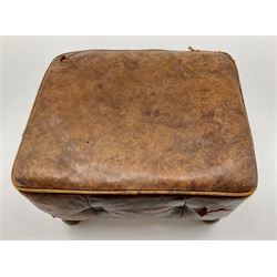 Early 20th century stool upholstered in leather, turned supports