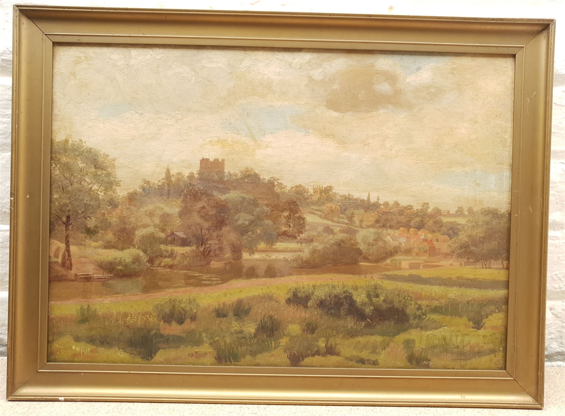 English School (Early 20th century): Yorkshire River Landscape, possibly Richmond, oil on canvas unsigned 34cm x 50cm