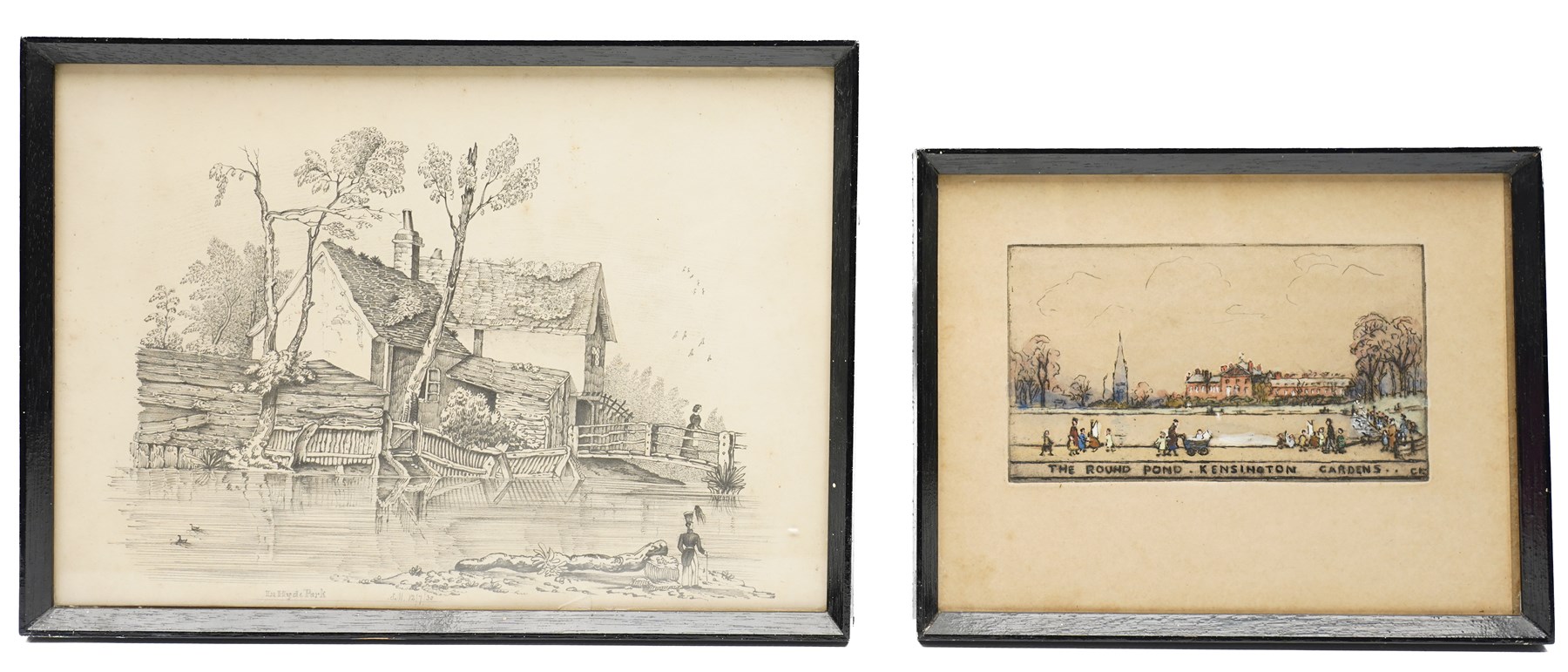 Manner of George Harley (British 1791-1871): 'In Hyde Park', pencil drawing signed S M and dated 12/7/30, 20cm x 28.5cm; English School (Early 20th century): The Orangery' 'The Round Pond' and 'Church Street' - Kensington, set of three etchings signed C K on the plate max 9.5cm x 14cm (4)