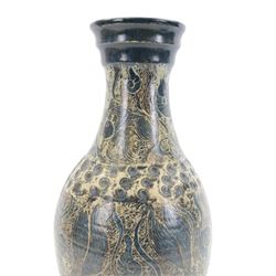 John Egerton (c1945-2024): studio pottery stoneware vase of baluster form, decorated with fish, mermaids and ammonites upon a blue ground, H56cm 