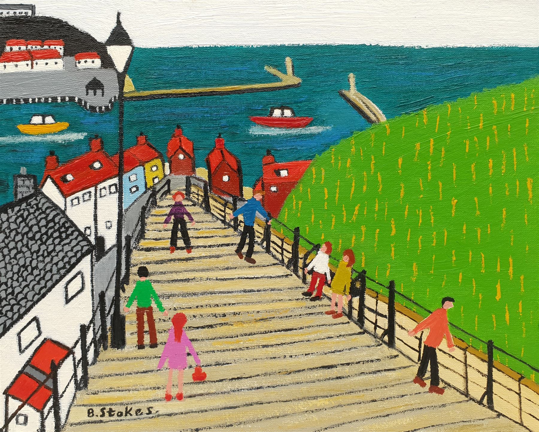 Barry Stokes (Northern British Contemporary): 199 Steps Whitby, oil on board signed 20cm x 25cm (unframed)