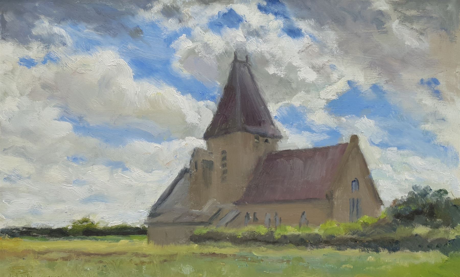 Neil Tyler (British 1945-): 'Hawsker Church', oil on board signed and titled, landscape sketch verso 29cm x 47cm