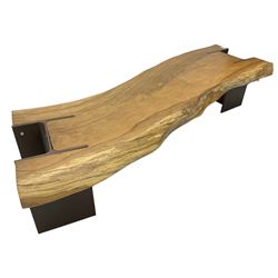 Raw edge shaped oak plank bench or side table on steel RSJ supports