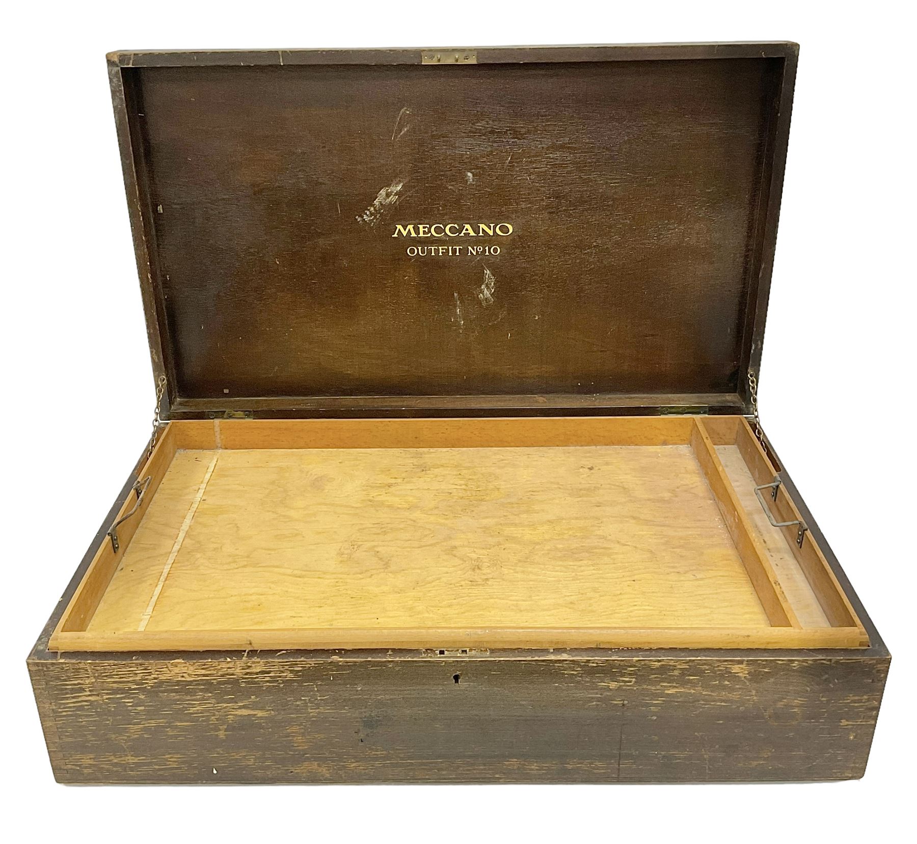 Meccano - original set number ten wooden outfit chest with two lift-out trays