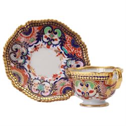 Five 19th century Imari palette tea cups and saucers, comprising Chamberlain Worcester example decorated in the 240 Japan or Nelson pattern circa 1810, Worcester Flight, Barr & Barr example circa 1820, Spode 1220 pattern circa 1805, and further pair, probably Coalport, each cup approximately H6cm D8cm, saucer D14cm
