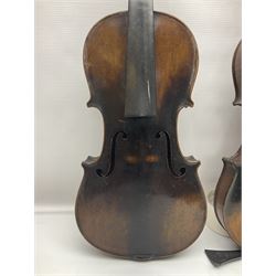 German violin c1890 with 36cm two-piece maple back and ribs and spruce top; bears label 'Antonius Stradivarius Cremona Faciebat Anno 1729' L59.5cm overall; in ebonised wooden 'coffin' case; and two German violins c1890 for completion - one bearing a Stradivarius label, the other a Ruggeri label; both in carrying cases (3)