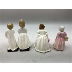 Royal Doulton figures, comprising Lynsey HN3043, Tinkle Bell HN1677, Debbie HN2385, Bedtime HN 1978, Darling HN1985, Adrienne HN3159 and Leading Lady HN2296