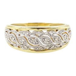 9ct gold diamond ring, milgrain set diamond chips, in a fancy openwork setting, hallmarked