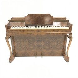 Mid century Evestsaff Pianette 'Minipiano' walnut cased piano, shell carved cabriole supports, retailed by Harrods, W138cm