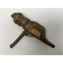 Rare primitive treen lever action nutcracker, probably late 17th/early 18th century, carved in the form of a man, with old collector label to side inscribed 'A Nutcracker XVI Century', H18cm