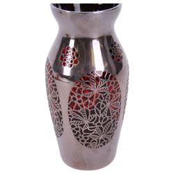 20th century, Jean Beck and Friedrich Deusch, ruby red glass vase, decorated in silver overlay with panels of foliage detail, H15cm