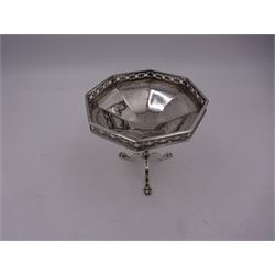 Edwardian silver pedestal dish, of faceted octagonal form, with pierced quatrefoil sides, upon waisted stem and three paw feet, hallmarked William Hutton & Sons Ltd, Sheffield 1909, H9.5cm