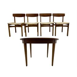 G-Plan - mid-20th century teak extending circular dining table, with concealed additional leaves (W114cm H72cm); and set four mid-20th century teak dining chairs, seat upholstered in beige fabric