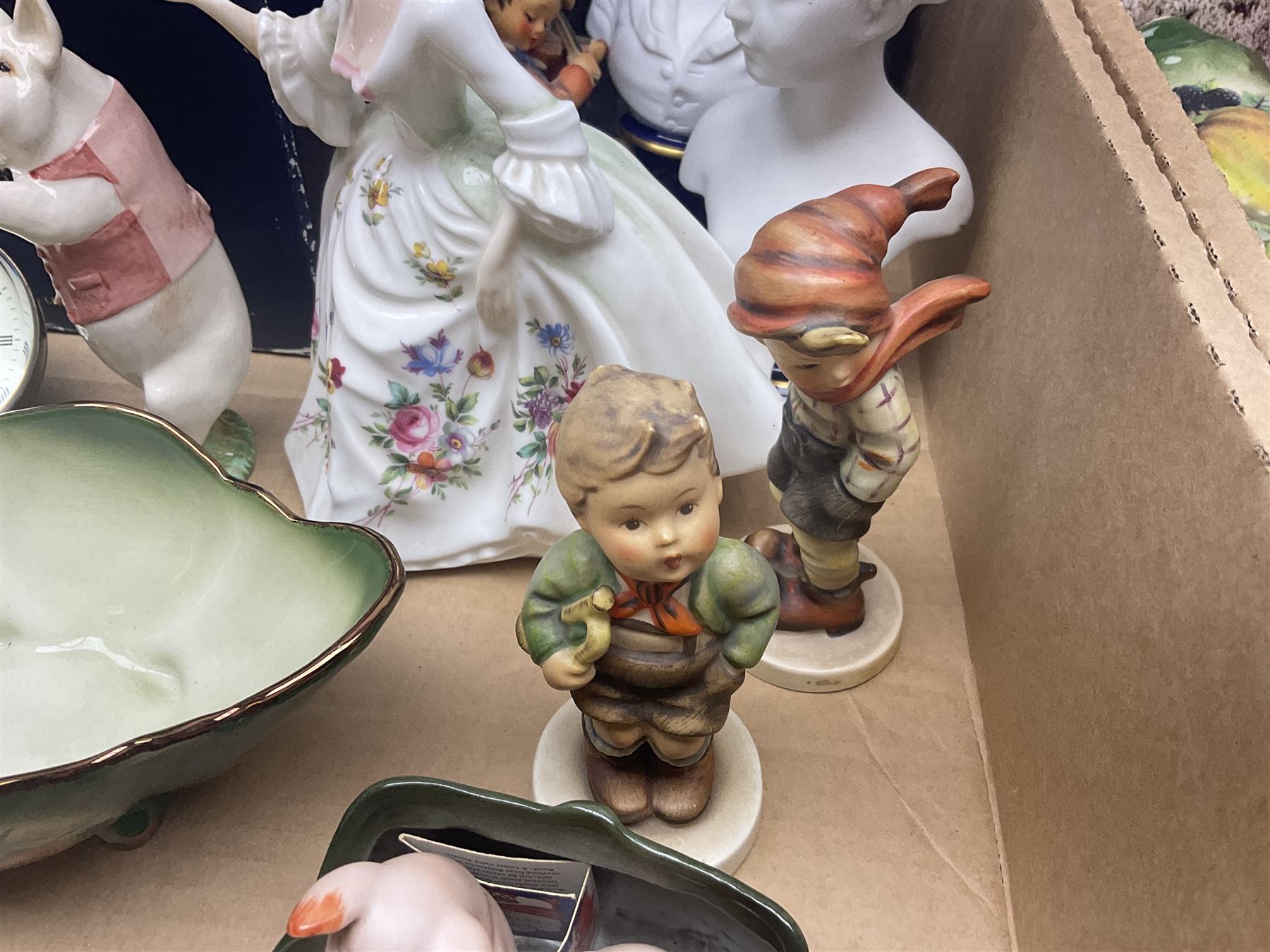 Beswick figure Matthew the trumpet playing pig, together with Royal Doulton figure Diana HN2468, a pair of Limoges busts and other collectables  