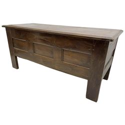 Large 18th century oak coffer or chest, rectangular hinged top with moulded edge, over panelled sides with moulded rails, raised on stile supports