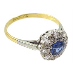 18ct gold sapphire and round brilliant cut diamond cluster ring, stamped 18ct & Pt, sapphire approx 0.45 carat, in velvet and silk lined box
