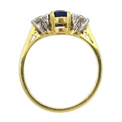18ct gold three stone oval sapphire and round brilliant cut diamond ring, London 1991, total diamond weight approx 0.50 carat