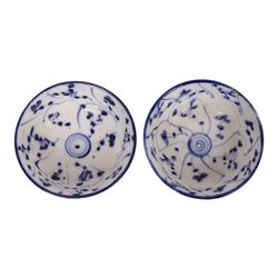 Five 18th century Qing Dynasty export coffee cups, all similar decoration in blue and white with gilt detail, together with two tea bowls  