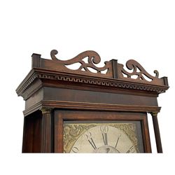 William Watson of  Blackburn (Lancs)  - late 18th century 8-day oak and mahogany cross banded longcase clock, with a flat top and open fretwork above, deep cornice with dogtooth moulding and frieze beneath, square hood door flanked by reeded pilasters with brass capitals, trunk with  reeded quarter columns, long trunk door with concave corners on a plinth with canted corners on bracket feet, brass dial with cast brass spandrels, broad silvered chapter ring with Roman numerals and five-minute Arabic's, a profusely engraved and silvered dial centre with seconds dial, matching steel hands and calendar aperture, hourly rack striking movement with a recoil anchor escapement. With weights, pendulum and key. 
William Watson of Northgate, Blackburn, is recorded as working c1770-1814 . As with this clock Watson frequently signed some of his clocks without a placename.
